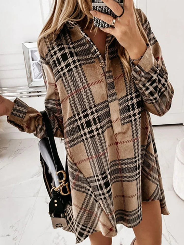 Women Elegant Plaid Print Buttons Irregular Party Dress Office Lady Turn-Down Collar Shirt Dress Casual Loose Mini Dress Vestido