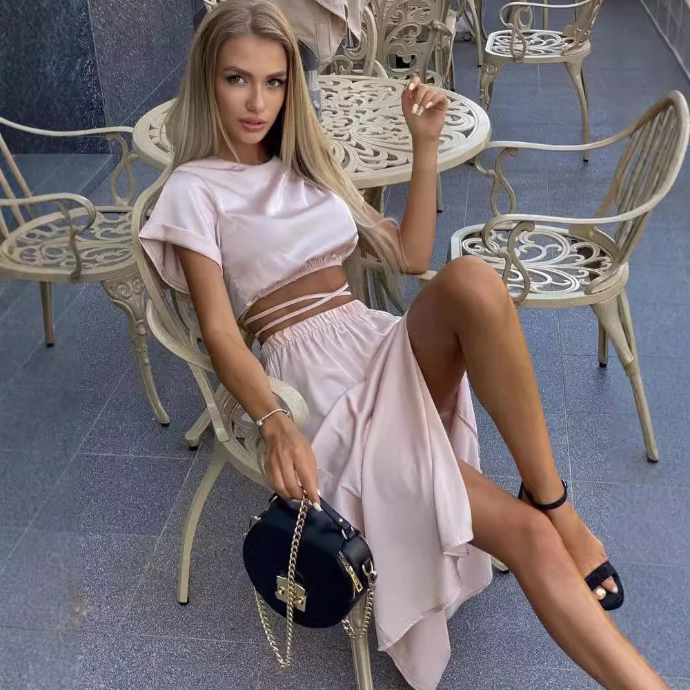 Nigikala Nigikala New Short-Sleeved Top Open Skirt Set Solid Color Commute Two Sets