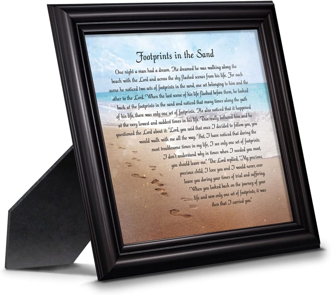 Footprints in The Sand Inspirational Wall Art, Beach Decor, Christian Gifts for Women and Men, Christian Wall Decor, Get Well Soon, Encouraging Scripture Wall Art, Framed Sympathy Gift 8639B 8x8