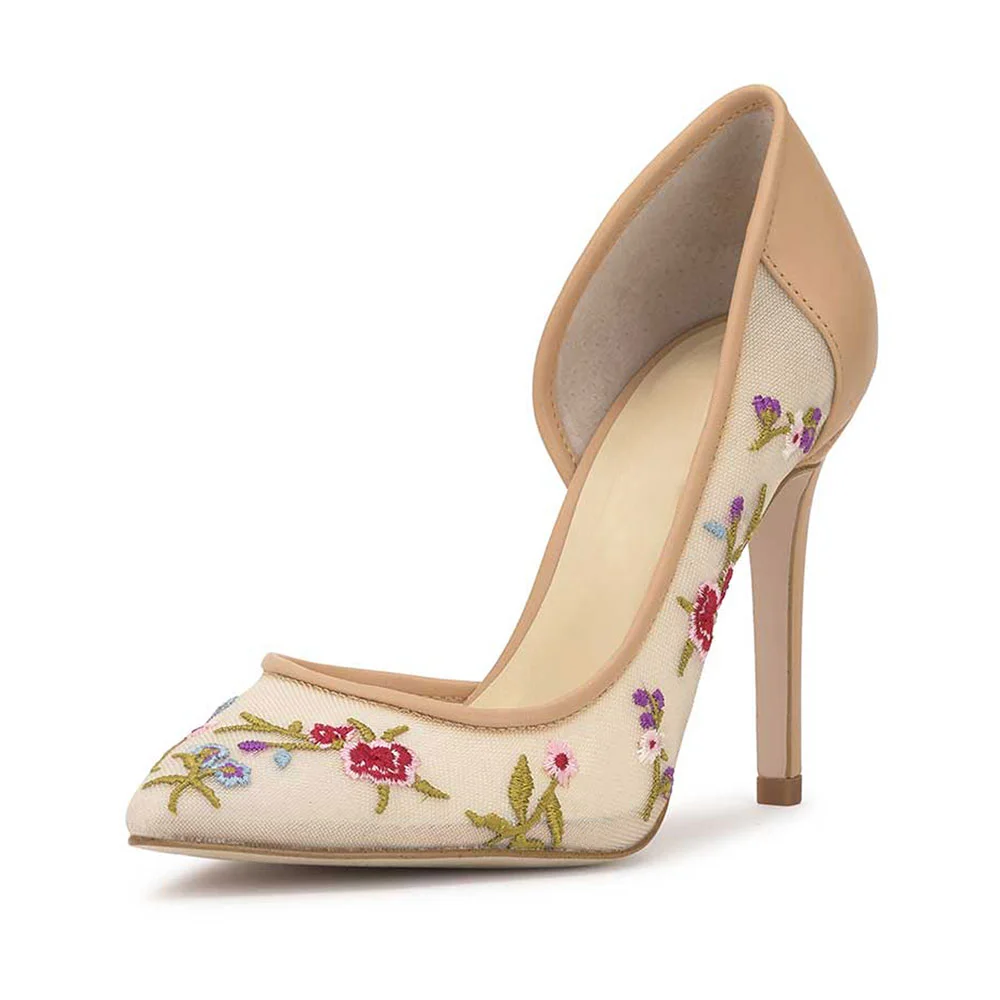 Beige Mesh Embroidery Floral Pointed Toe Stiletto Heel Pumps for Women