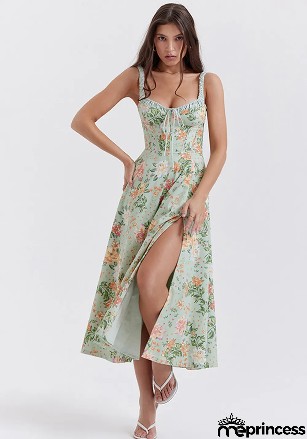 Straps Sexy Slit Floral Dress Women Summer Chic Slim Waist Slim Fit Long Dress