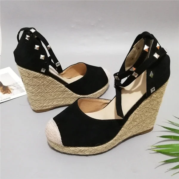 Meotina Summer High Heels Women Sandals Rivets Espadrille Platform Wedges Heel Ankle Strap Shoes Bohemia Sandals Big Size 34-43