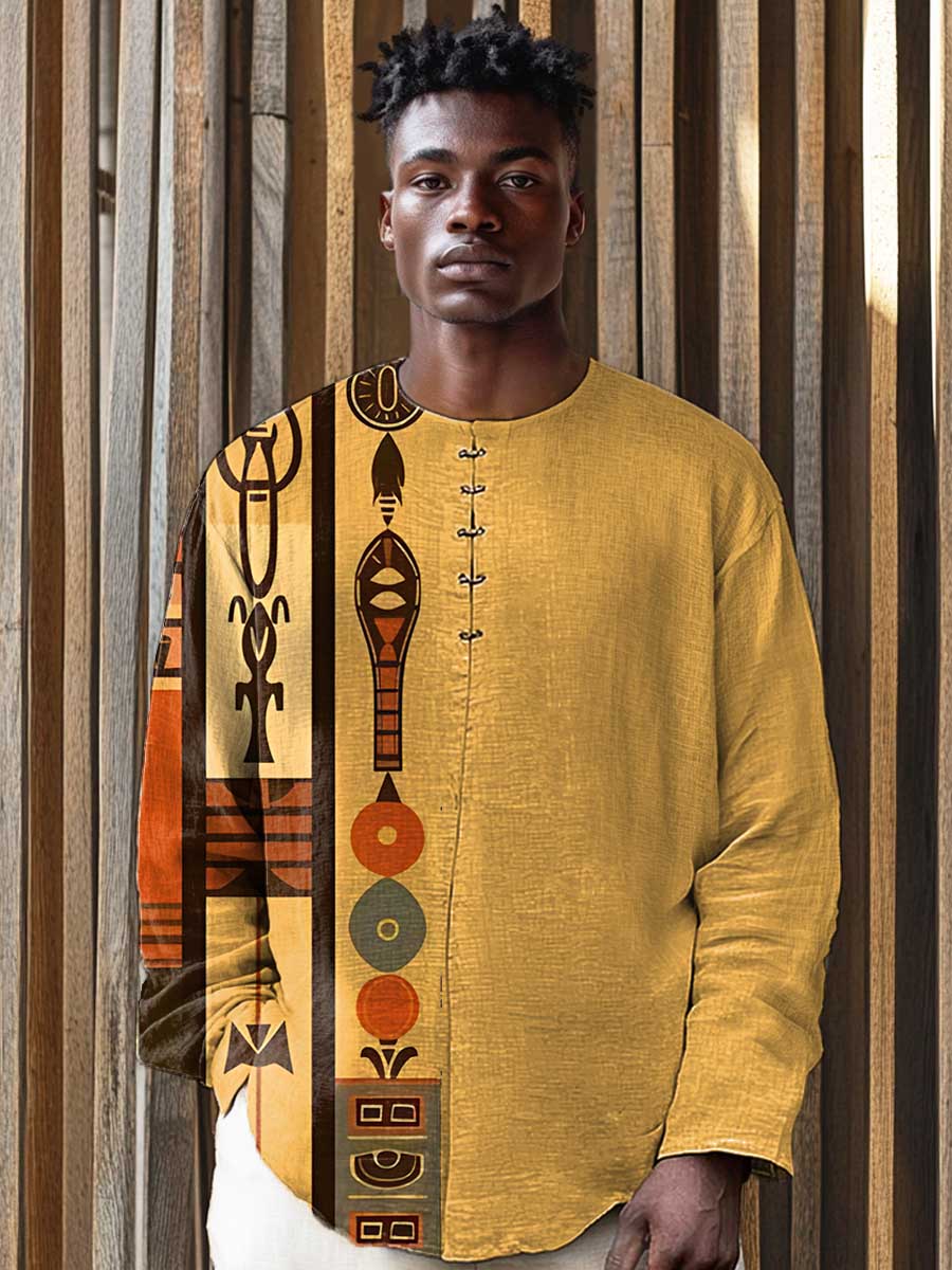 Vintage African Art Abstract Geometry Vintage Print Casual 100% Cotton Shirt