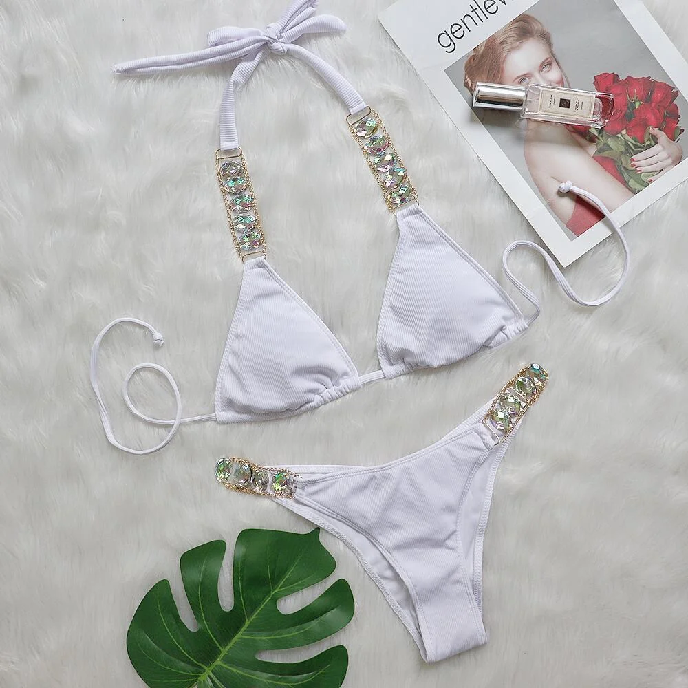 Uveng Uveng Bikini Ribbon Luxury Diamond Swimwear Sexy Metal Chain Accessories Swimsuit