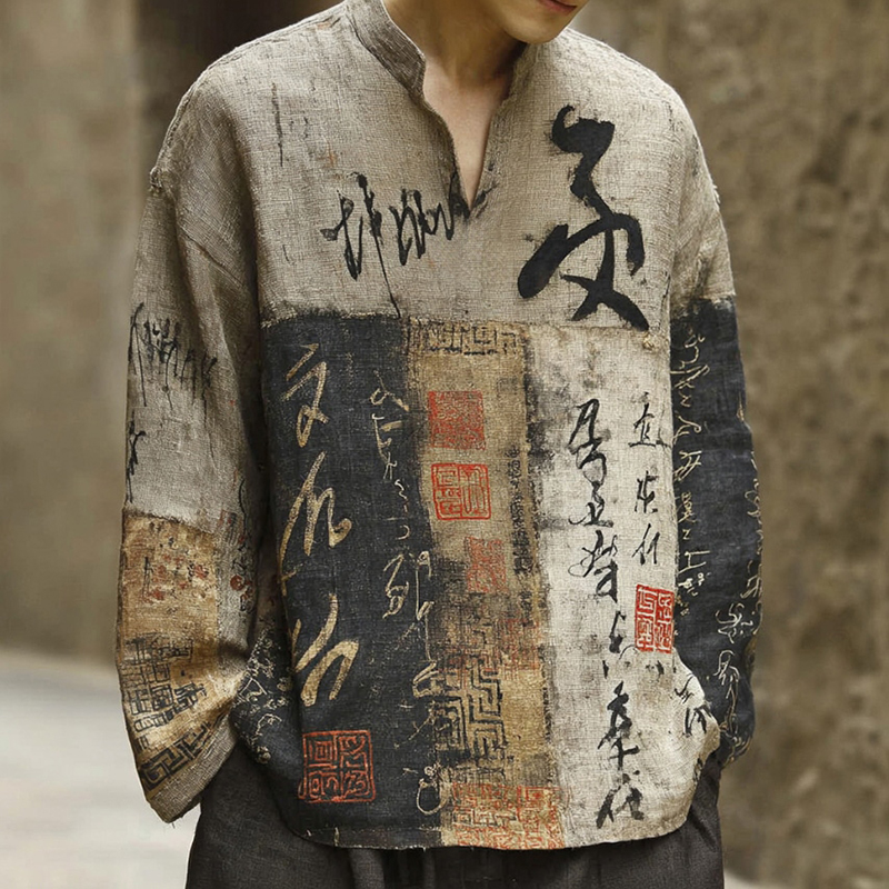 Men's Retro Calligraphy Art Color Block Casual Long-sleeved Shirt  artssus