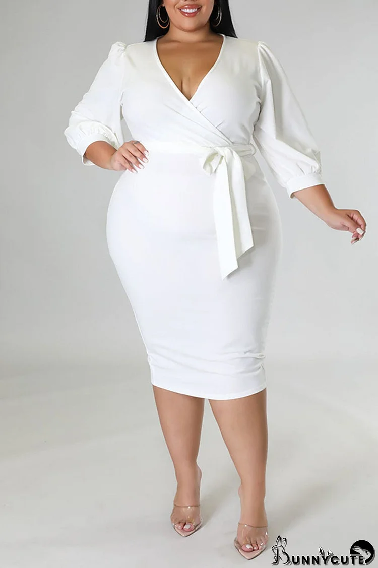 White Casual Solid Bandage Patchwork V Neck One Step Skirt Plus Size Dresses