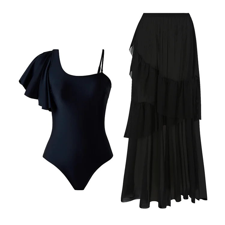 2025 in Stock European and American Sexy One Piece Swimsuit Women's Flounced Two-Piece Set Tulle Skirt Hot Sale Swimsuit Outfit