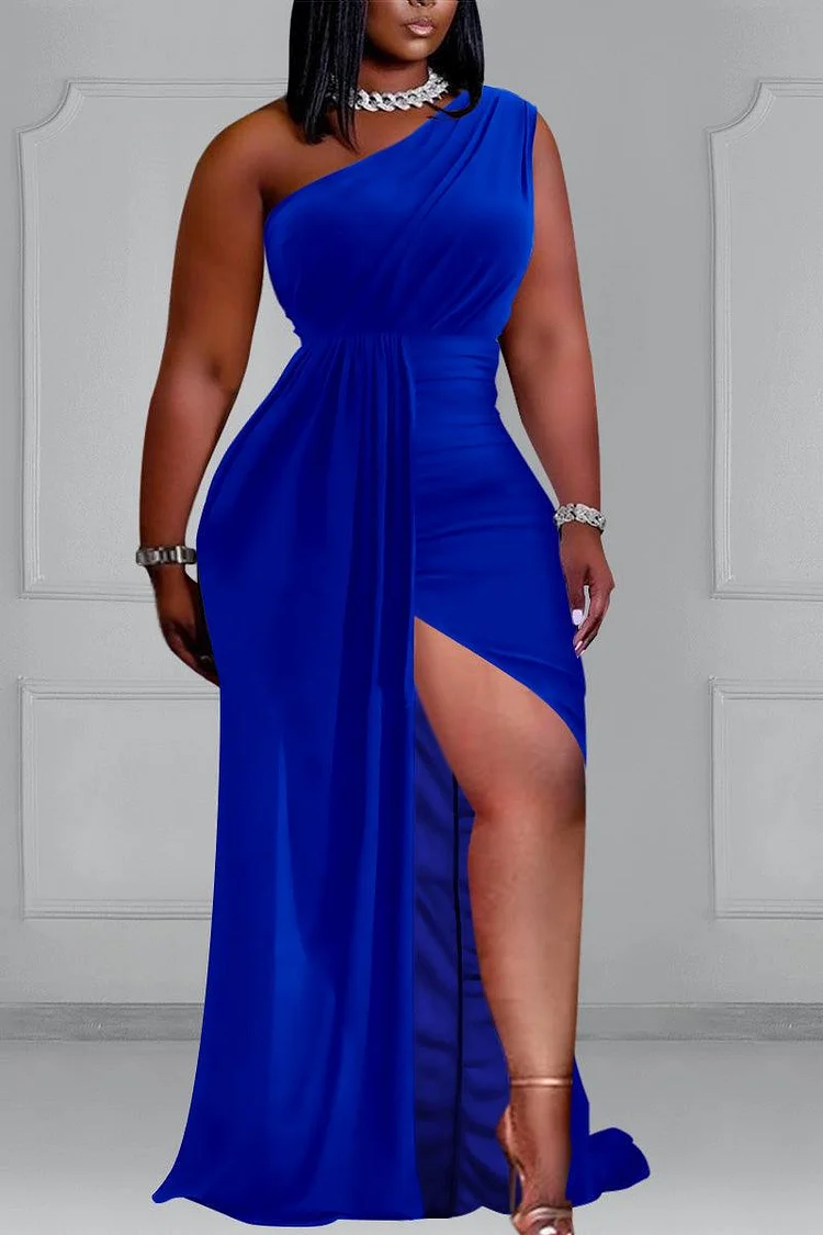 Xpluswear Plus Size Formal Black Elegant One Shoulder Ruched High Split Maxi Dress 2024 - Xpluswear