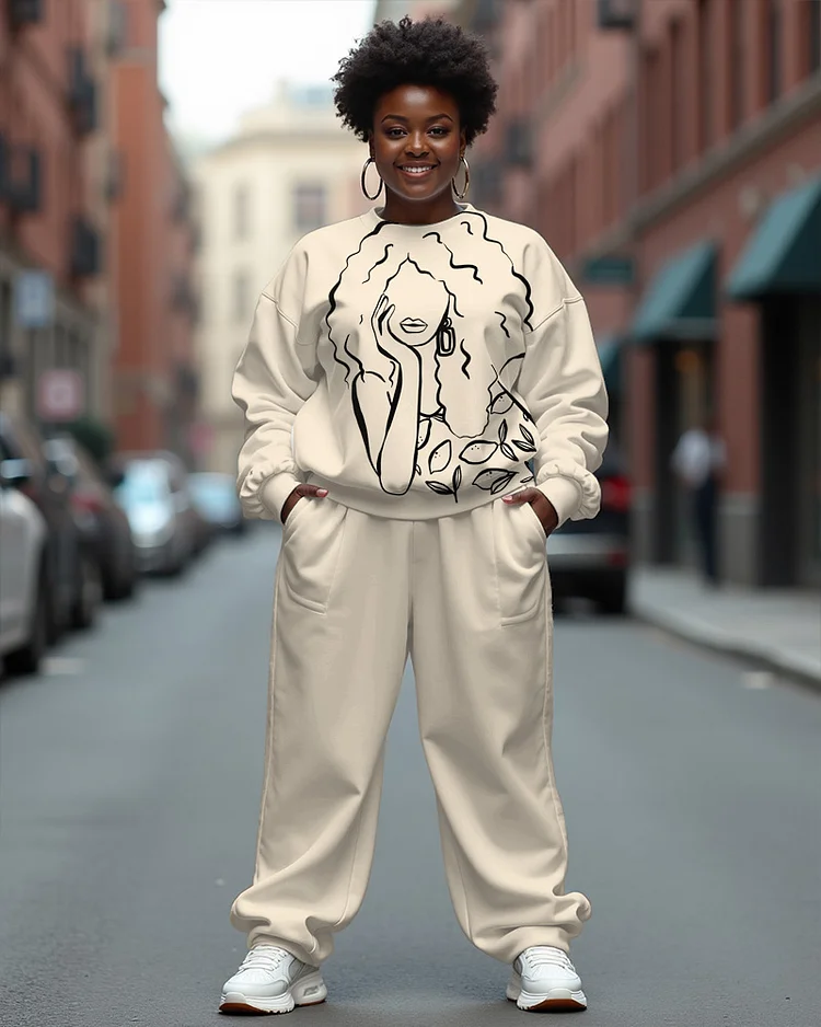 Line Portrait Print Long-Sleeved Sweatshirt and Solid Color Casual Pants Set
