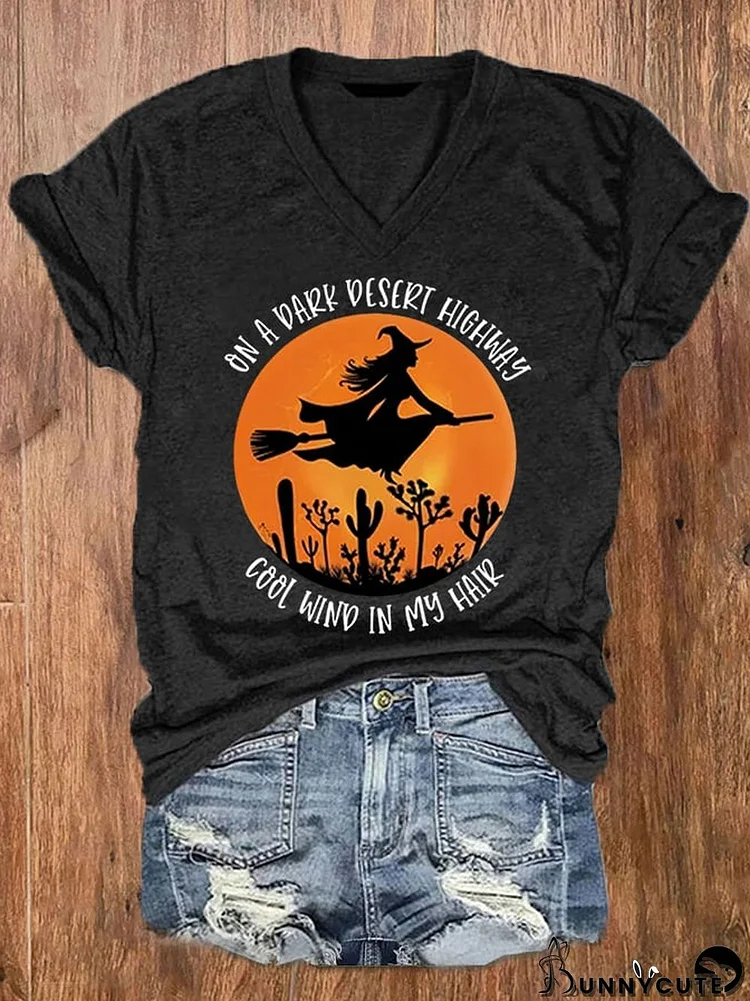 Women's Funny Halloween Witch On A Dark Desert Highway Cool wind In My Hair Casual V-Neck Tee