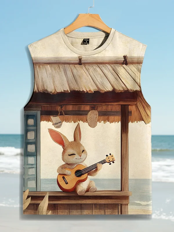 Men's Rabbit Playing Ukulele At The Beach Print Tank Top