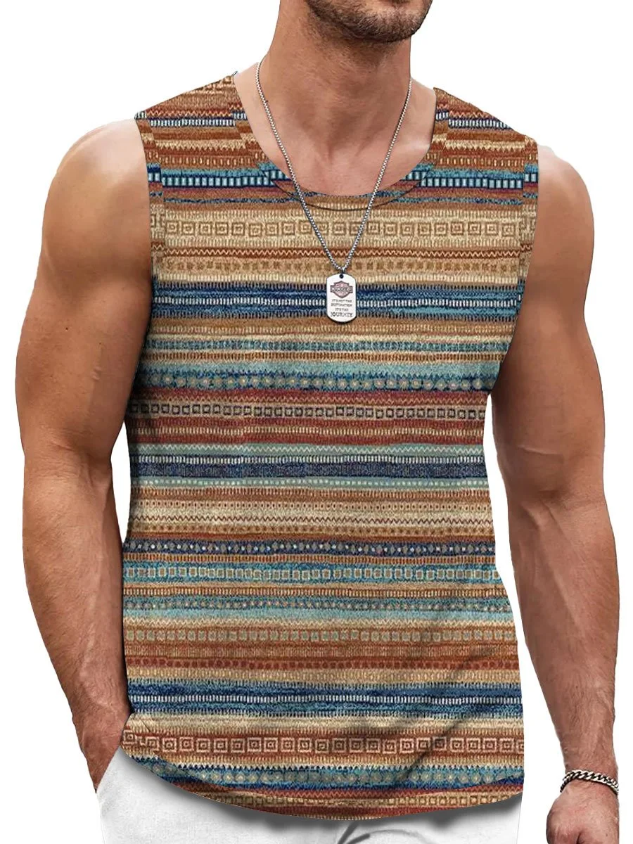 Men's Colorful Striped Art Print Round Neck Casual Tank Top