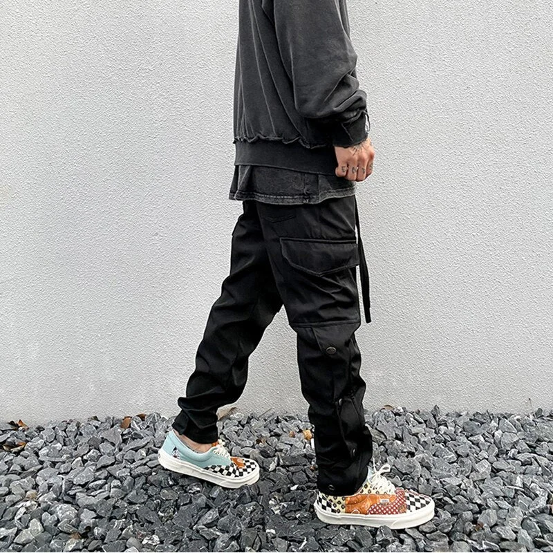 Ribbons Streetwear Side Button Casual Trousers Mens Oversize Elastic Loose Pockets Cargo Pants Hip Hop Baggy Jogger Track Pants