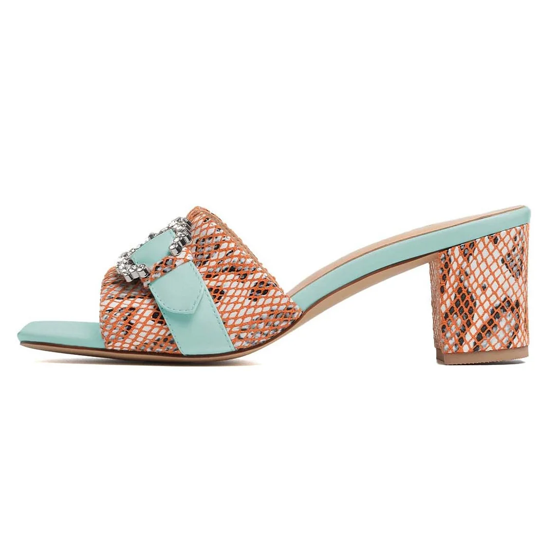 Multicolor Square Toe Rhinestone Buckle Block Heel Mules Sandals