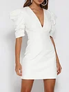 Plian Deep V-Neck Short Sleeve Ruffled Business Mini Dress