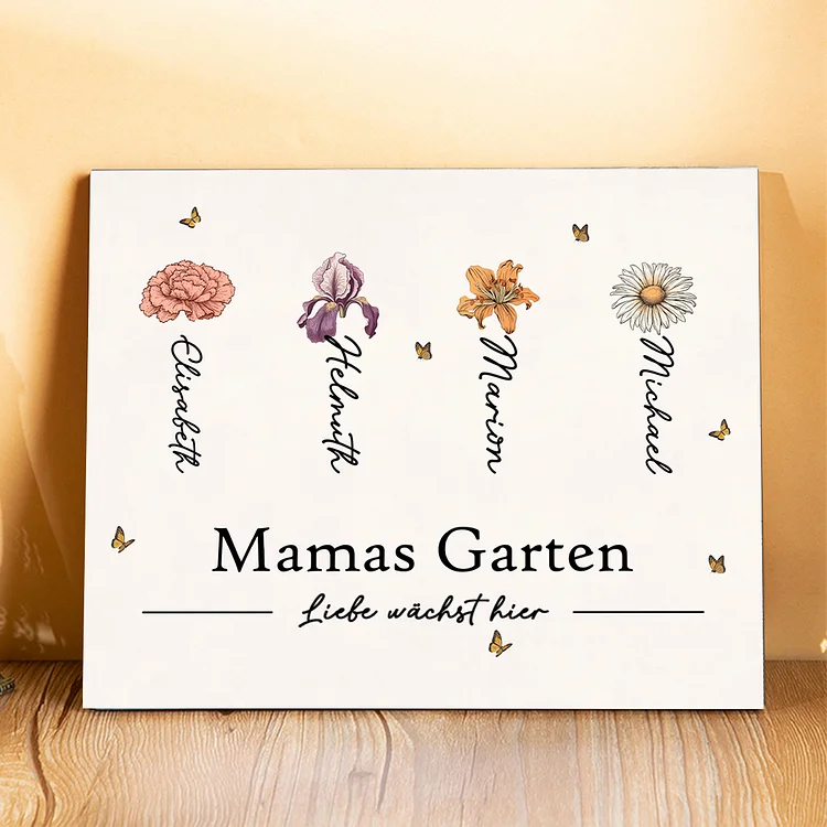 Familie Holzbild-Personalisierter Text & 1-12 Namen & Gebursblumen Liebe wächst hier Holzdekoration-Geschenk für Mutter/Großmutter