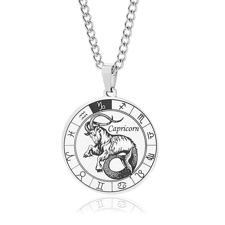 Capricorn - Classic Zodiac Round Pendant Necklace in Steel 