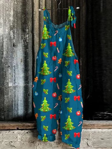 Ladies Christmas Gingerbread Man Print Casual Jumpsuit