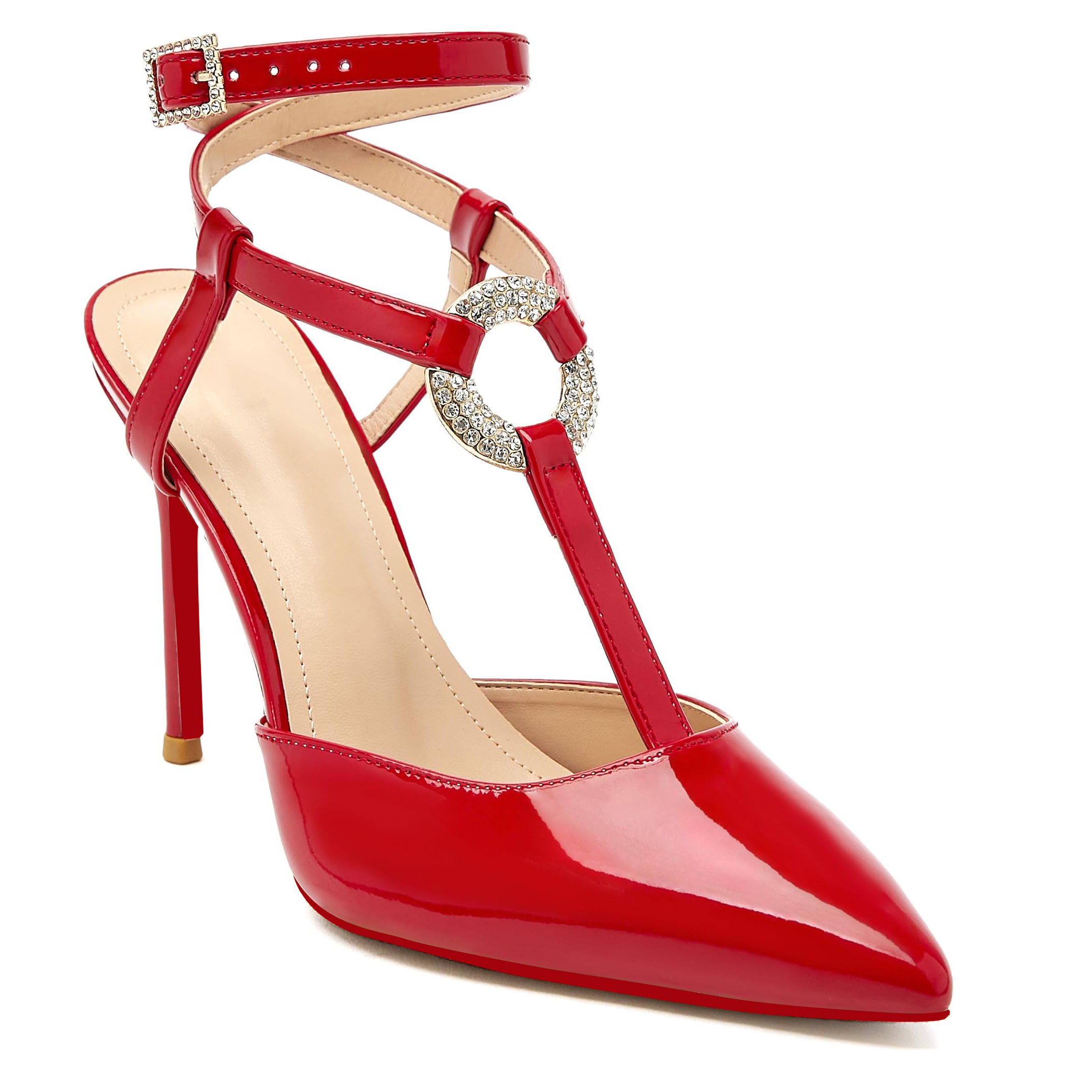 100mm Women Slingback Red Bottoms  Pumps Ankle Strap Jenlove Stiletto High Heel Diamond Close Pointed Toe Dress Patent Shoes-MERUMOTE