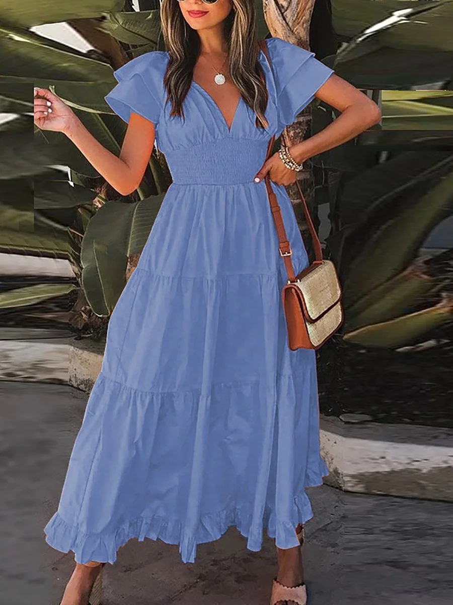 V-neck short-sleeved A-line dress