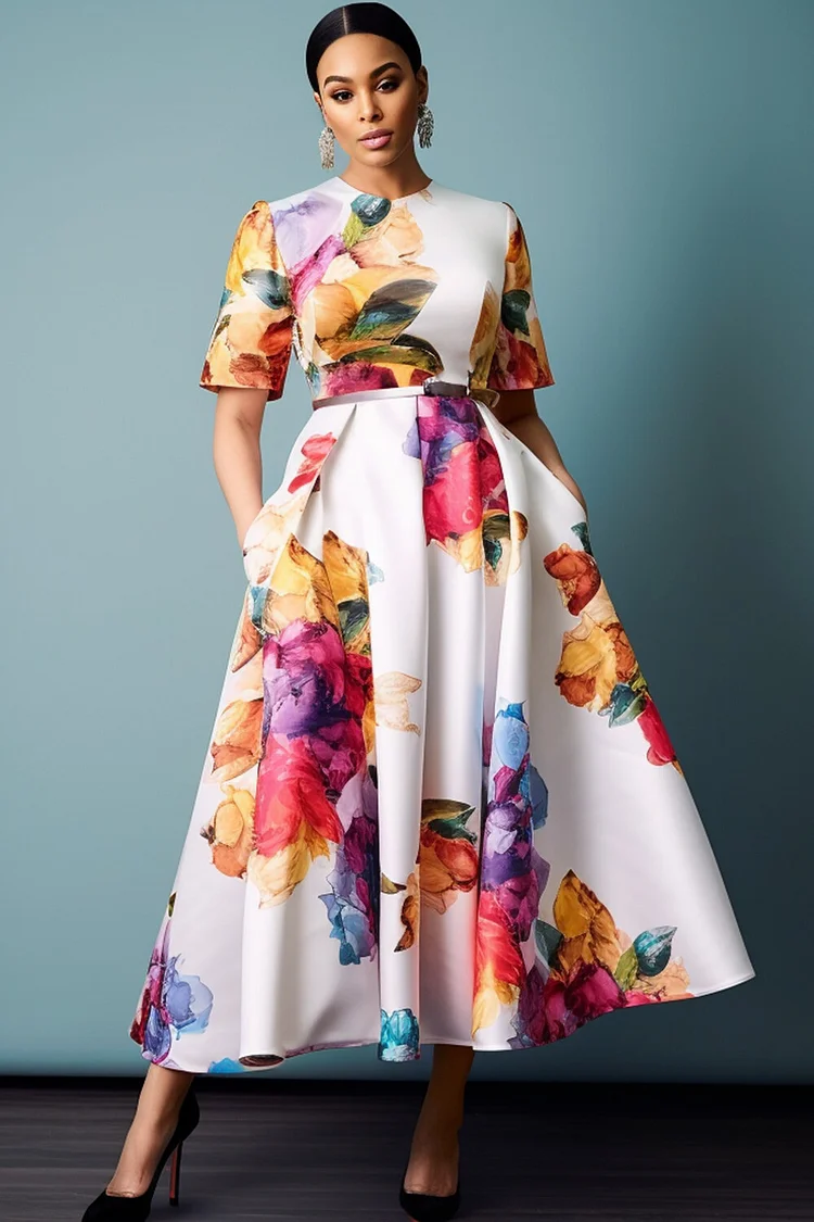 Xpluswear Design Plus Size Wedding Guest White Floral Round Neck Short Sleeve Pocket Satin Midi Dresses [Pre-Order] 2024 - Xpluswear