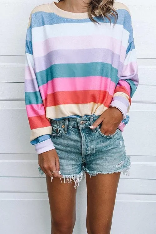 Rainbow Stripe Loose T-Shirt-elleschic