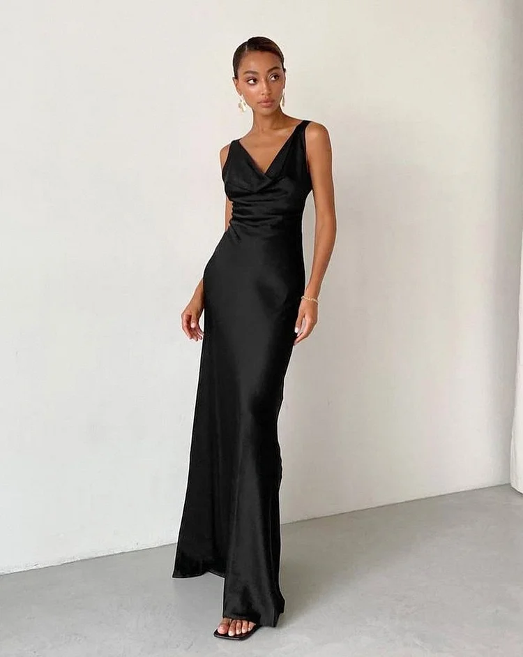 Cowl-Neck Satin Midaxi Dress in Black
