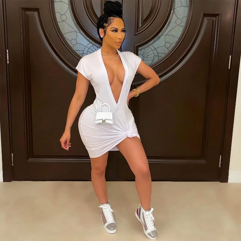 Hugcitar 2021 Short Sleeve Deep V Neck Sexy Dress Summer Women Fashion Streetwear Y2K Clothing Robe Kpytomoa