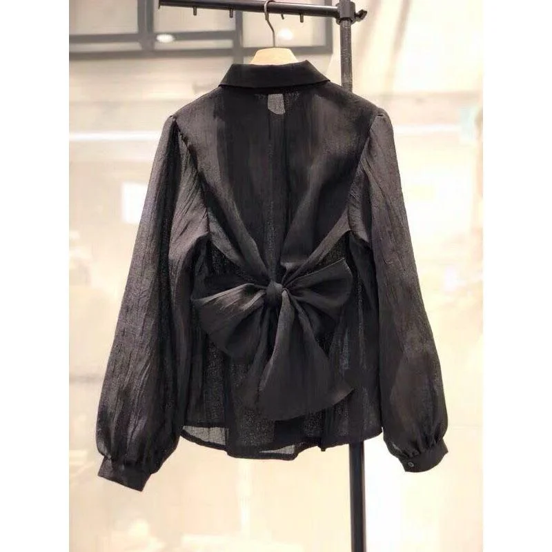 Chic Back Bow Drawstring Women Shirts Turn-down Collar Single Breasted Femme Blusas Solid Color Elegant Design Blouse