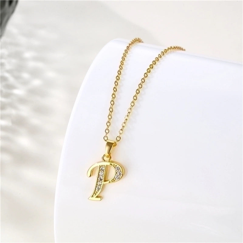 Stainless Steel Titanium Steel 18K Gold Plated Fashion Plating Inlay Letter Zircon Pendant Necklace