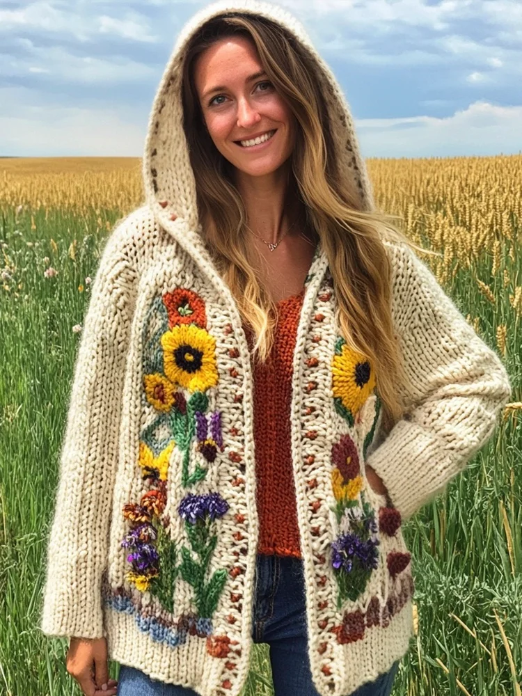 Utbros Rustic Knit Floral Women's Hooded Cardigan