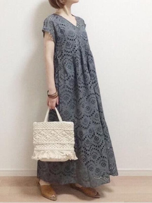 Casual Solid Color Cap-Sleeve Lace Hollow A-Line V-Neck Midi Dress