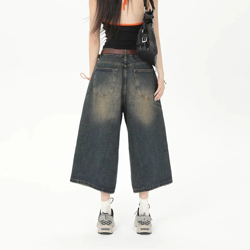 Nncharge Streetwear Women Jeans 2024 Summer Loose Male Wide Leg Knee Length Shorts Men's Oversize Fashion Denim Trouser Pants Y2K