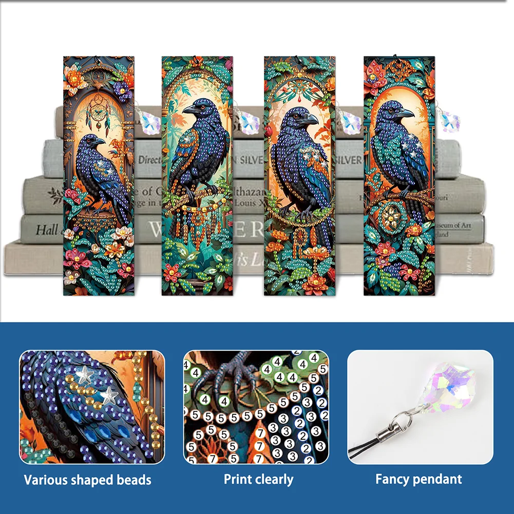 4Pcs 5D DIY Flowers Crows Special Shape Diamond Painting Bookmark for Beginners