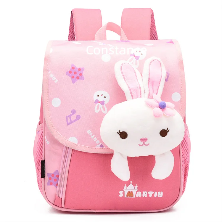 Personalized Pink Bunny Children School Bag Embroidery Name Black Backpack, Customized Schoolbag Travel Bag For Kids