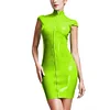 High Neck Wetlook Bodycon Mini Dress Women Short Sleeve Turtleneck Slim PVC Dress Ladies Full Zipper Dress Plus Size Clubwear