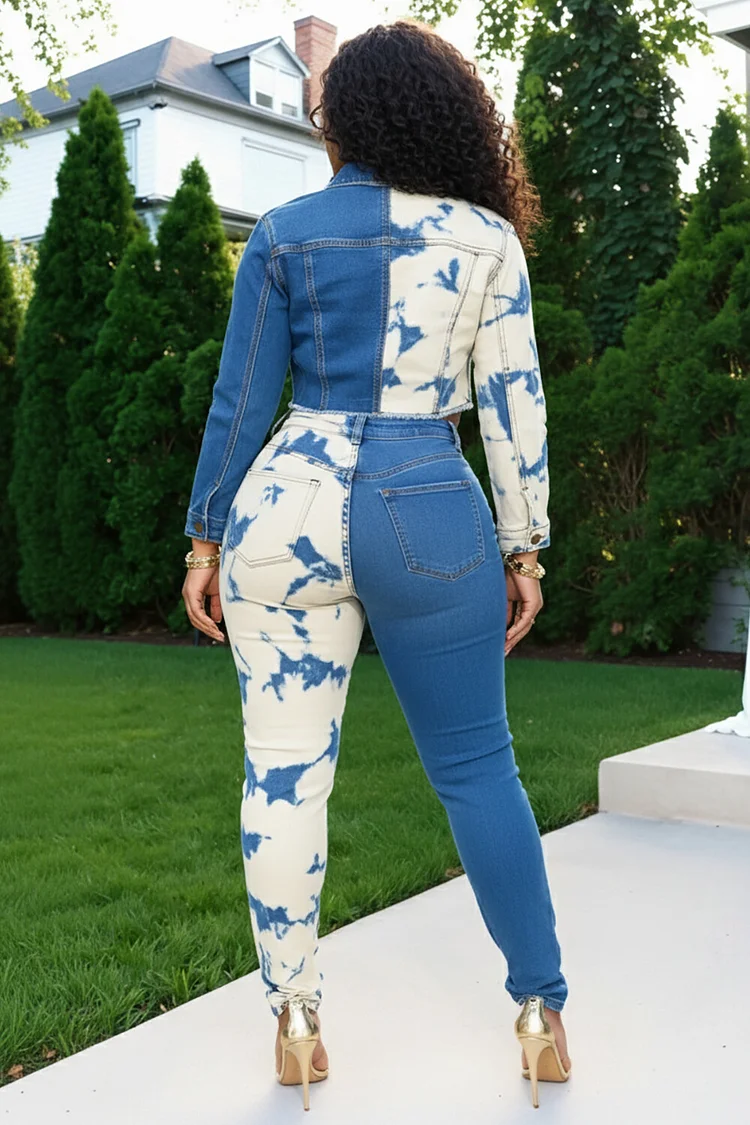 Tie Dye Colorblock Denim Patchwork Crop Top Skinny Jeans Set-Blue [Pre Order]