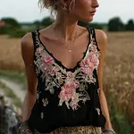 Bohemian Retro Pink Floral Pattern Women's Sleeveless Thin Shoulder Strap Vest - Image 4