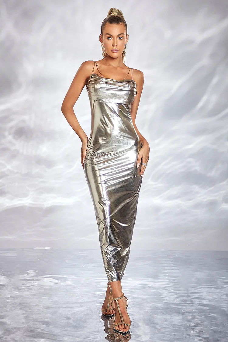 Backless Bodycon Cami Maxi Metallic Dress-Gold