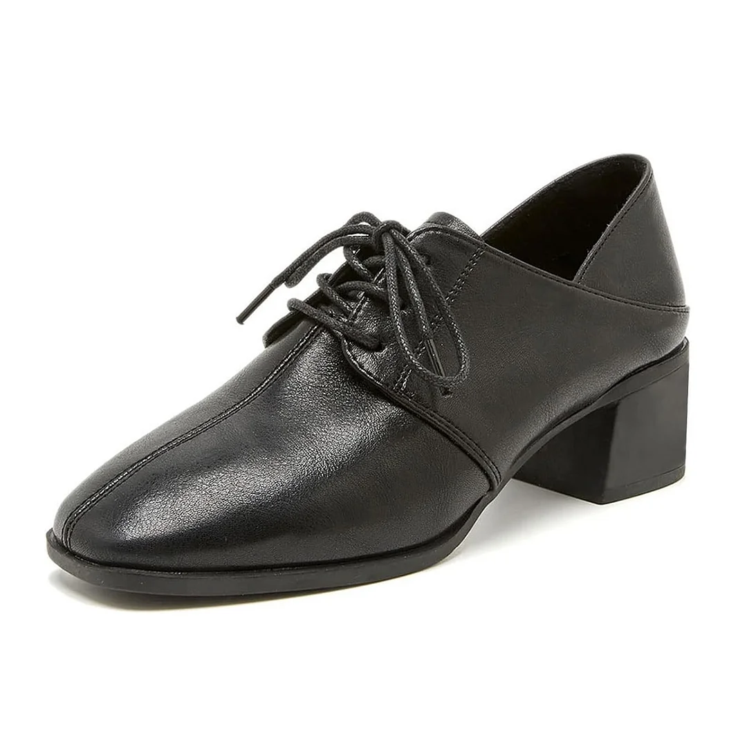 Casual Black Square Toe Block Heel Lace Up Women's Oxfords