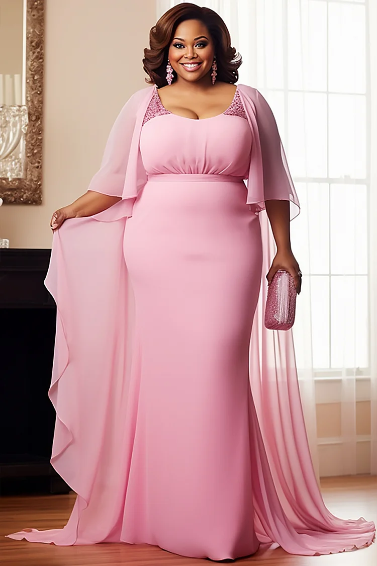 Xpluswear Design Plus Size Mother Of The Bride Pink Round Neck Cape Sleeve 3/4 Sleeve Drilling Chiffon Maxi Dresses [Pre-Order]