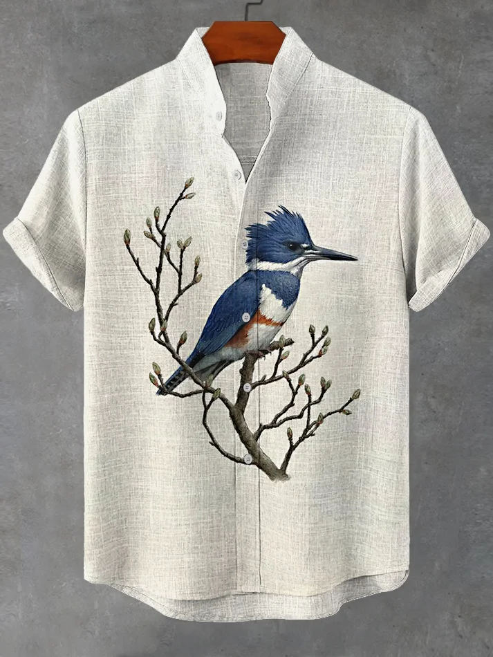 Men's A Bird Sitting On The Branch Art Print Casual Linen Blend Shirt