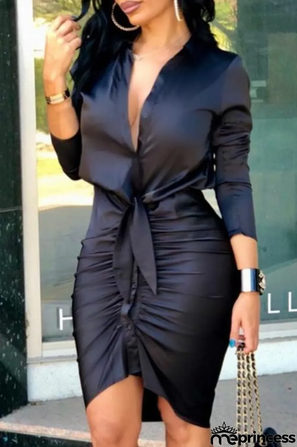Black Fashion Street Print Split Joint V Neck Irregular Dresses