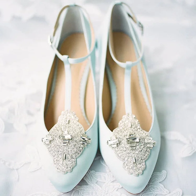 Light Blue Satin Pumps with Rhinestones and T-Strap Buckle Flats for Wedding Shoes Vdcoo