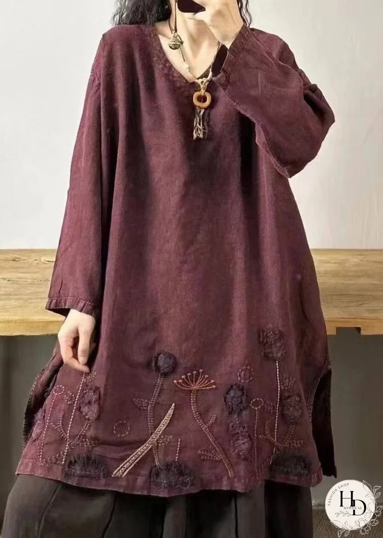 Vintage Mulberry V Neck Embroideried Patchwork Linen Mid Dresses Fall