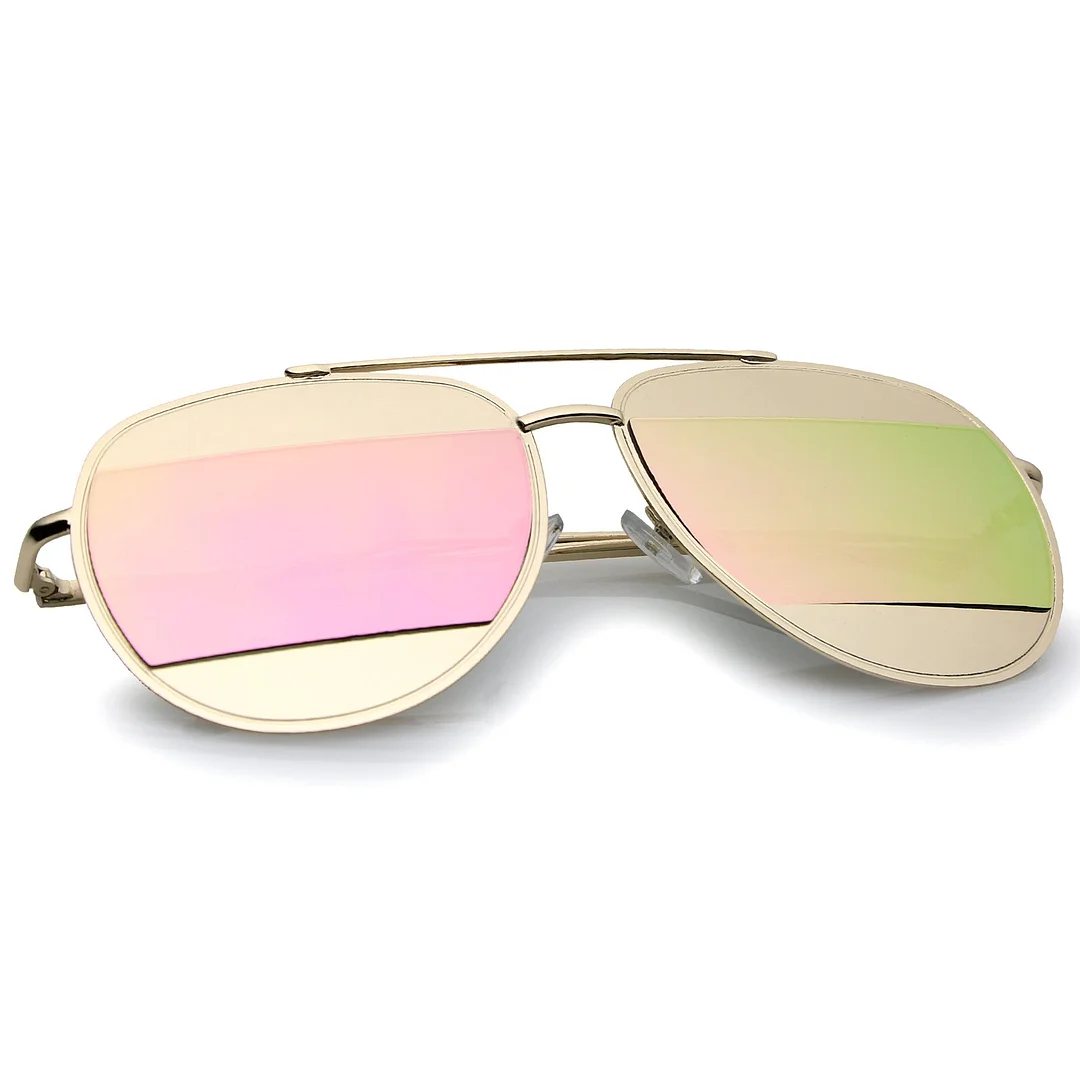 Two-Toned Metal Thin Temple Brow Bar Colored Mirror Split Lens Aviator glasses 57mm