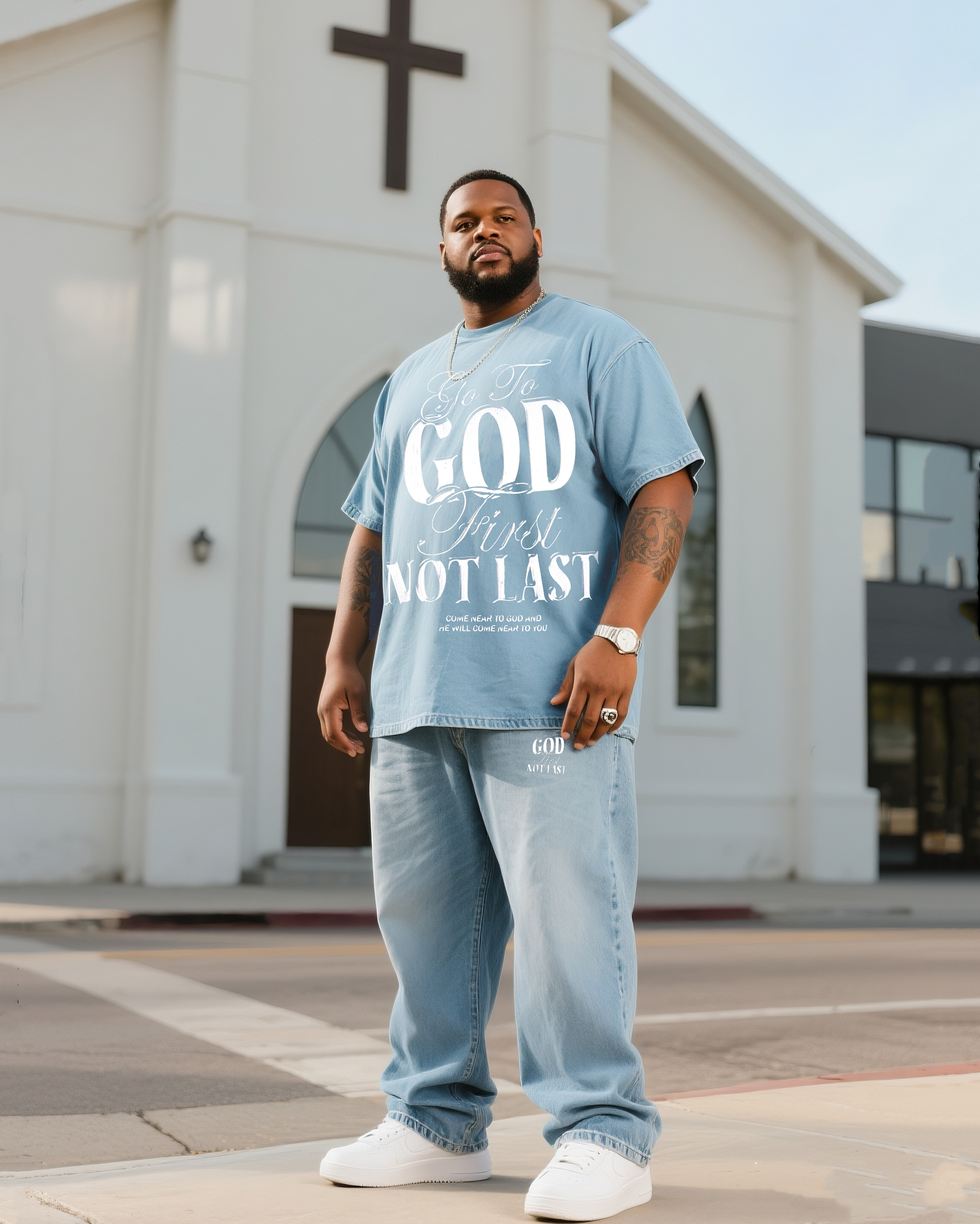 Plus Size Men GOD Denim T-shirt Pants Suit