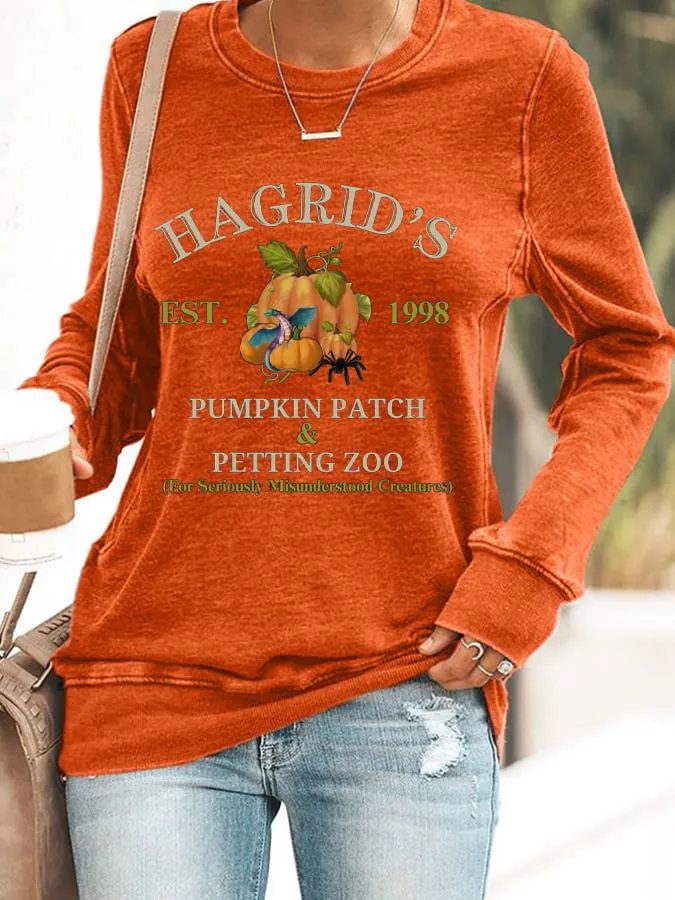 Women's Halloween Hagrid's Pumpkin Patch Print Long Sleeve Sweatshirt 