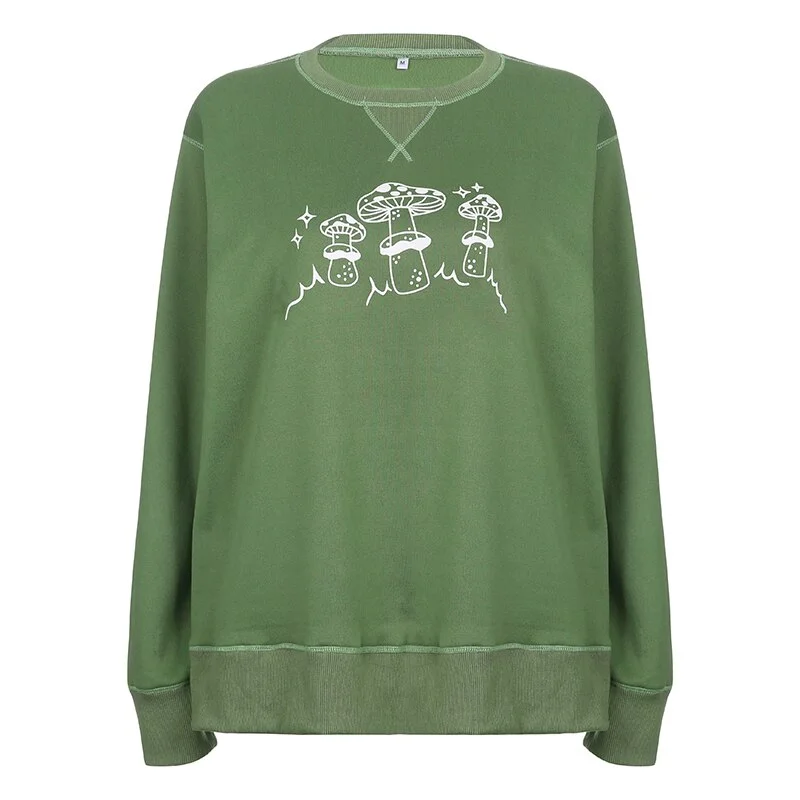 Brownm O Neck Winter Sweatshirt Preppy Loose Casual Retro Pullovers y2k Mushroom Print Grunge T-shirt Warm Cute Fall Cloth