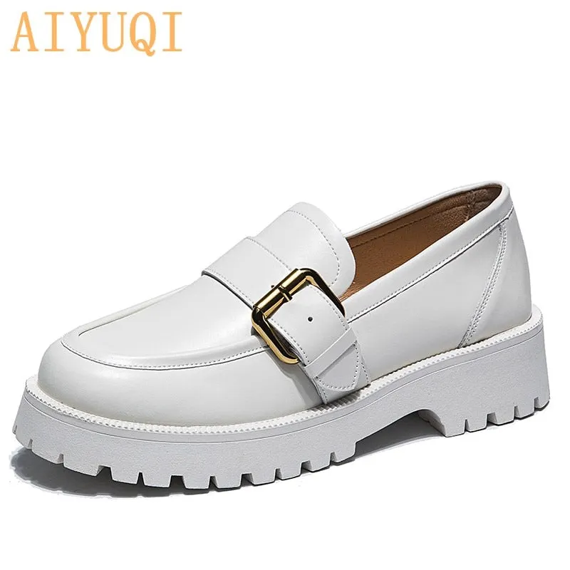 Women Shoes Genuine Leather 2021 Spring New British Style Thick-soled Pedal Shoes Female College Style Casual Lazy Shoes Ladies